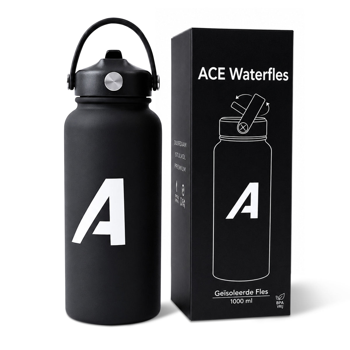 ACE waterfles 1 liter, zwarte thermofles met rietjesdop
