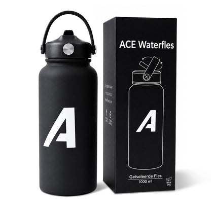 ACE waterfles 1 liter, zwarte thermofles met rietjesdop