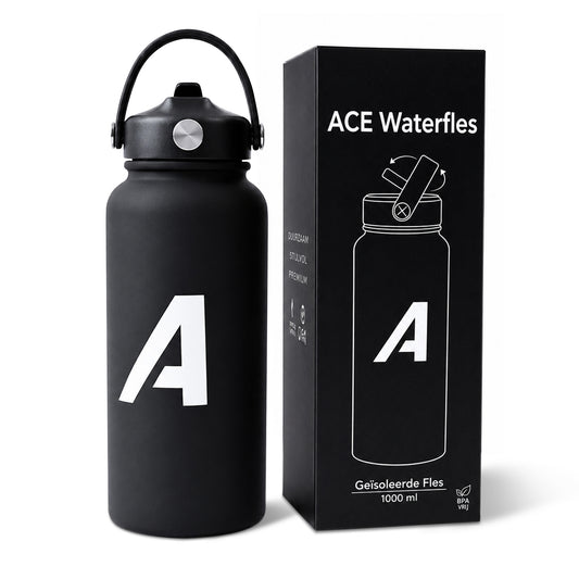 ACE waterfles 1 liter, zwarte thermofles met rietjesdop