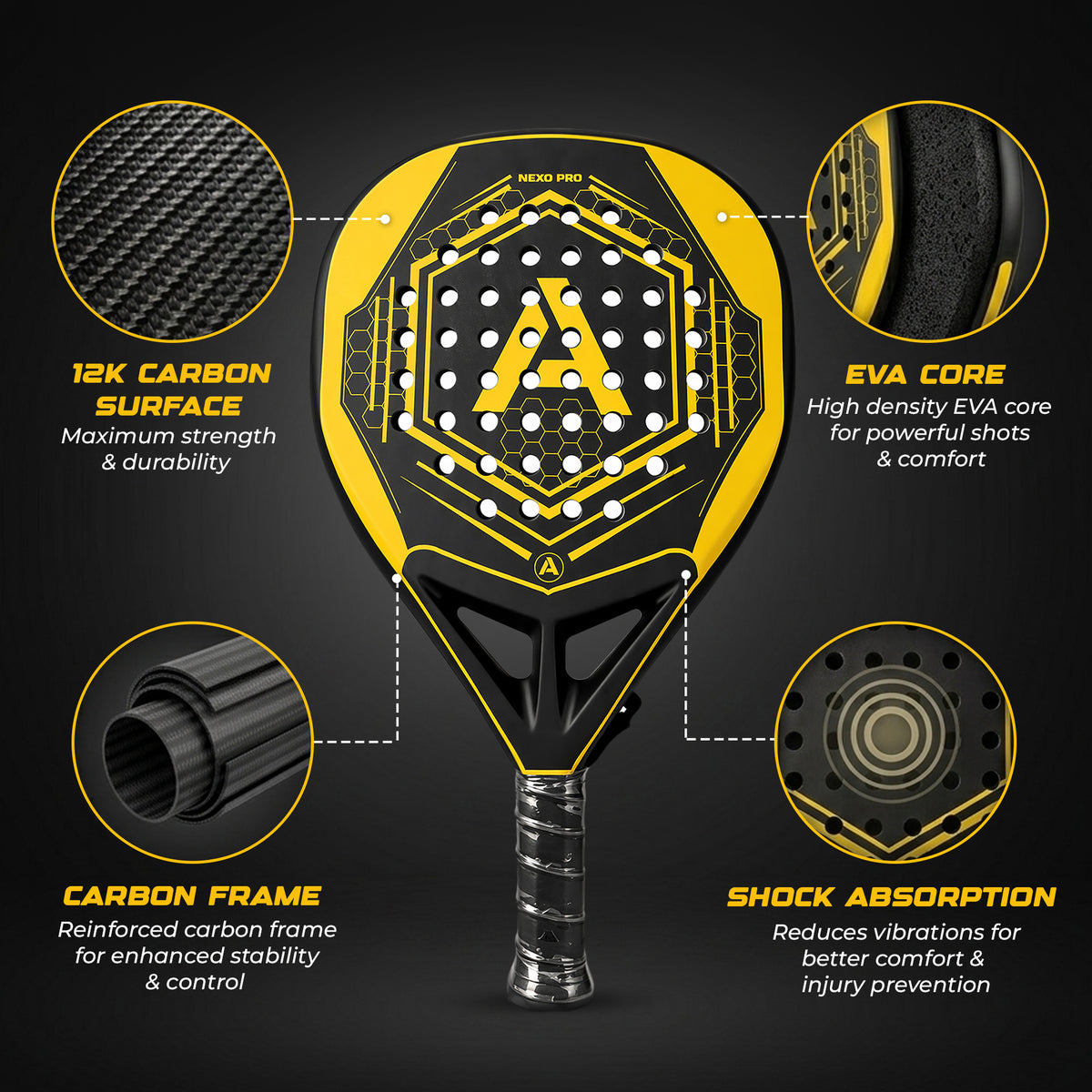 Ace Padel Nexo Pro 3K – Diamant Padelracket – 3K Carbon – Power & Controle – Incl. Rackettas