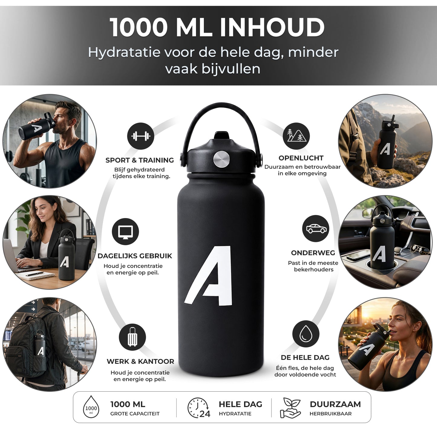 ACE Waterfles – 1000ml – De Ultieme Thermofles voor Sport en Dagelijks Gebruik - Tot 24u Koud / 12u Warm