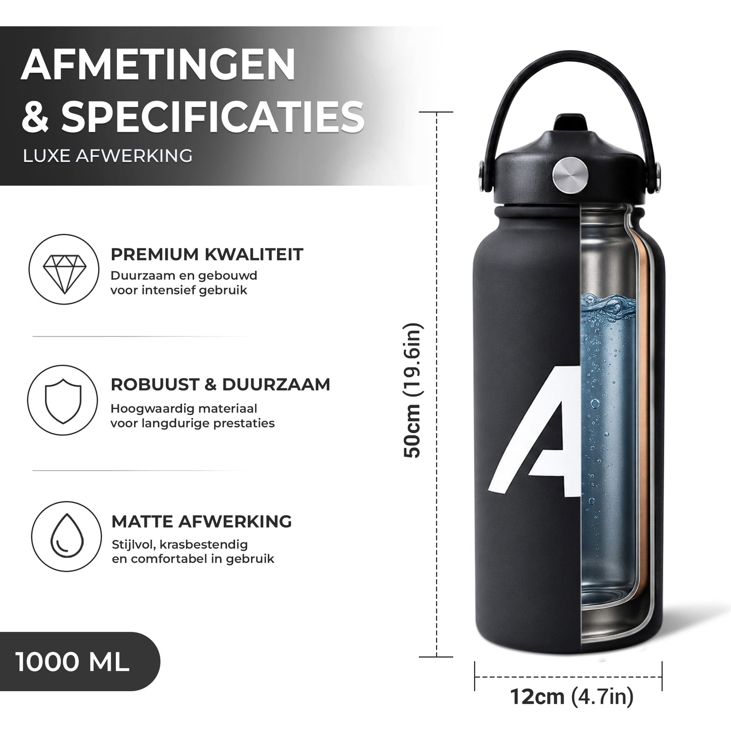 ACE Waterfles – 1000ml – De Ultieme Thermofles voor Sport en Dagelijks Gebruik - Tot 24u Koud / 12u Warm