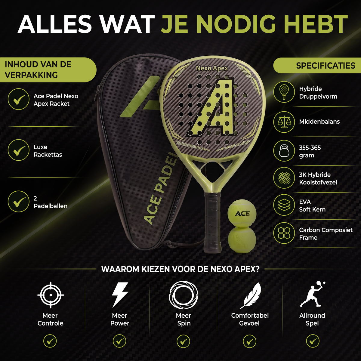 Ace Padel Nexo Apex – Druppelvormig Padelracket 3K Hybrid Carbon – Incl. Rackettas
