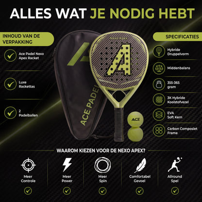 Ace Padel Nexo Apex – Druppelvormig Padelracket 3K Hybrid Carbon – Incl. Rackettas