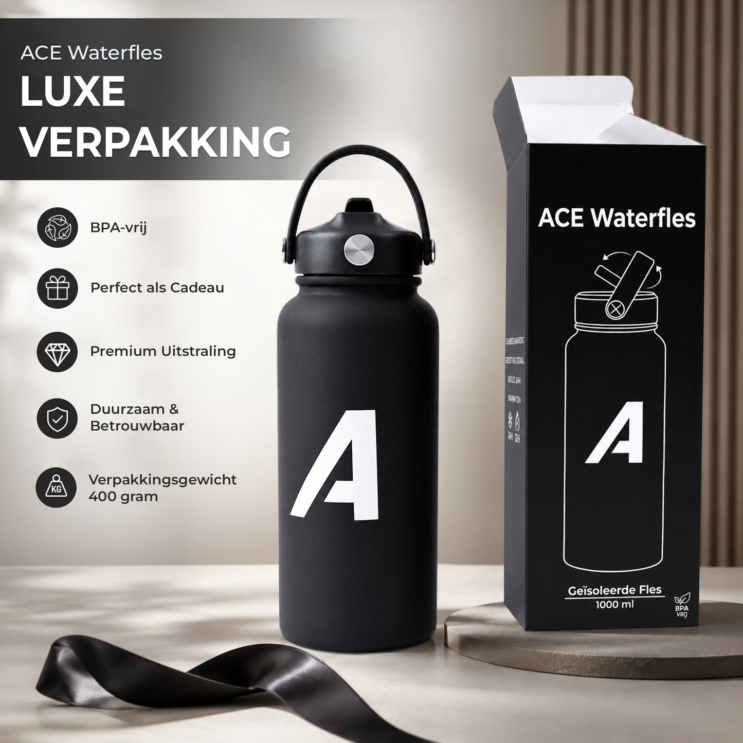 ACE Waterfles – 1000ml – De Ultieme Thermofles voor Sport en Dagelijks Gebruik - Tot 24u Koud / 12u Warm