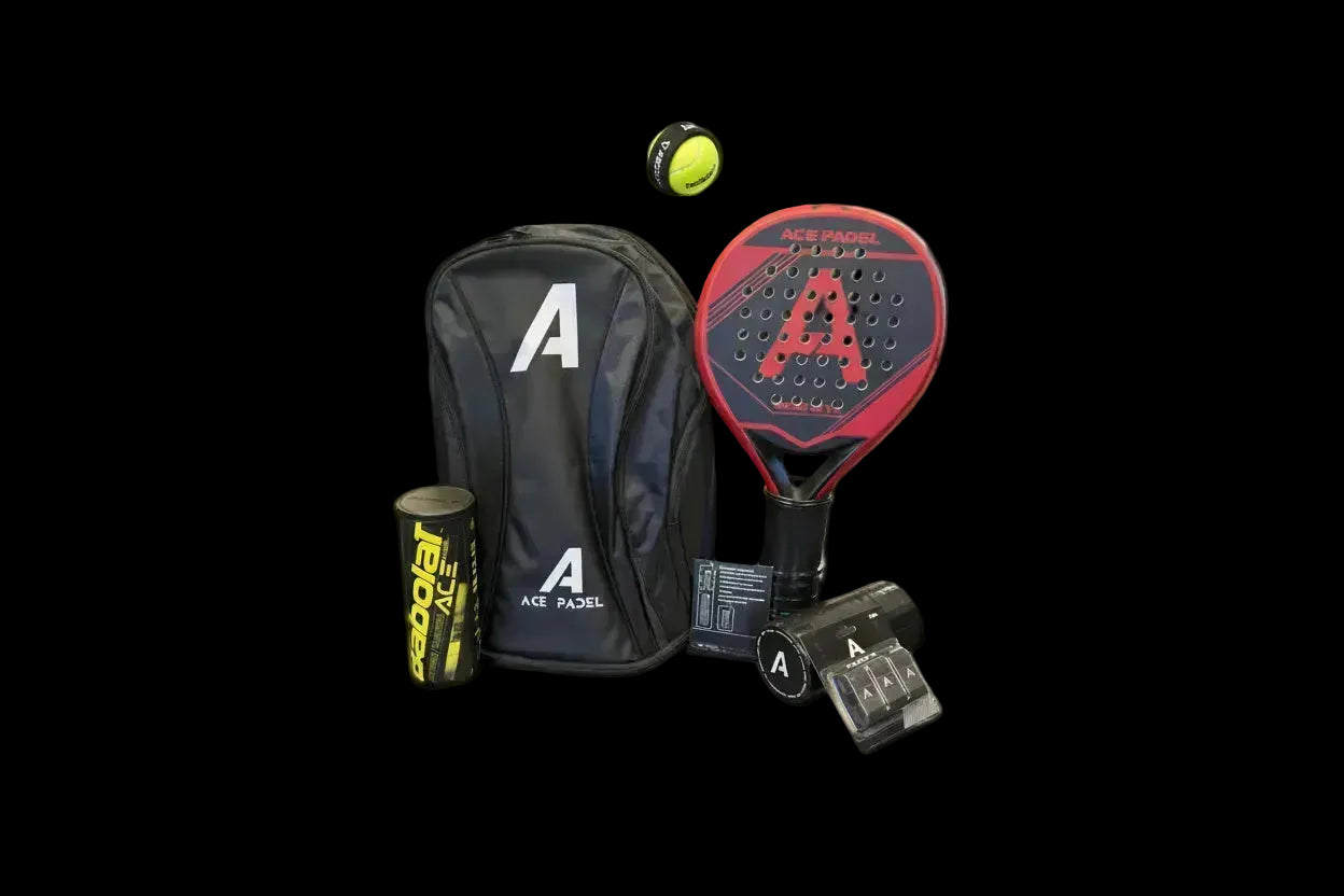 Paddle tennis racket, bag, and ball with brand logo on a black background